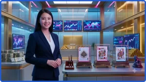 Bàn blackjack trực tuyến với quân bài và chip poker bố cục gần, ánh sáng vàng neon sang trọng