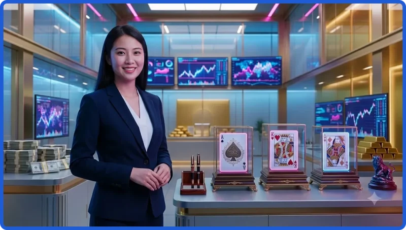Bàn blackjack trực tuyến với quân bài và chip poker bố cục gần, ánh sáng vàng neon sang trọng