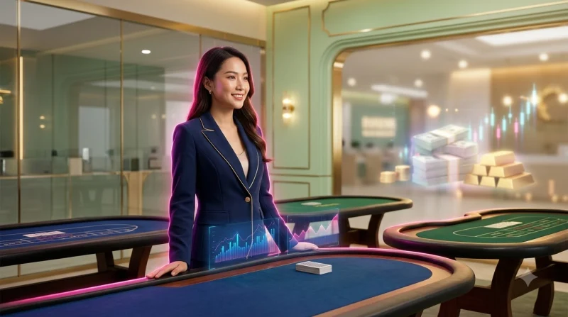Bàn blackjack trực tuyến với quân bài và chip poker bố cục gần, ánh sáng vàng neon sang trọng