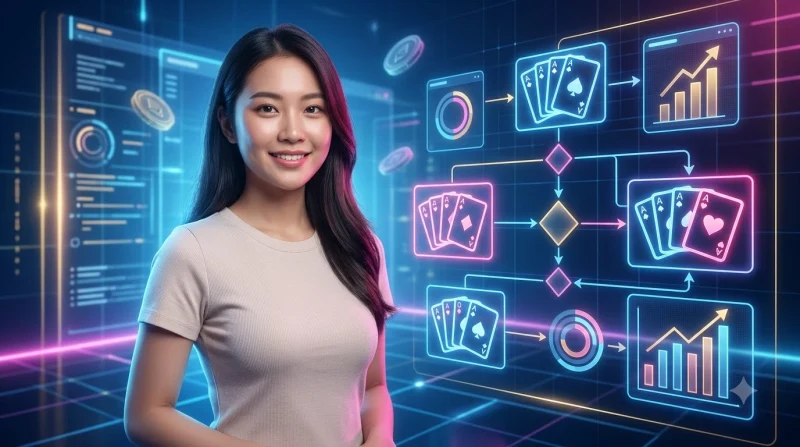 Bàn tay cầm ba lá bài với biểu tượng chiến thuật và ánh sáng vàng lấp lánh