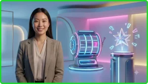 Bánh xe trúng thưởng jackpot lớn với ánh sáng neon và đồng xu vàng tung bay