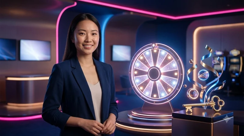 Bánh xe trúng thưởng jackpot lớn với ánh sáng neon và đồng xu vàng tung bay