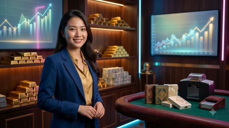 Bố cục blackjack trực tuyến gọn gàng với chip và bài sắp xếp ngăn nắp, tông ánh sáng vàng và xanh đậm