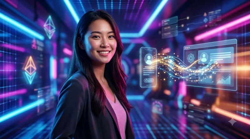 Điện thoại và máy tính phát ra tia sáng xanh vàng biểu thị quá trình đồng bộ hoàn tất