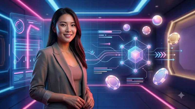 Điện thoại với giao diện ứng dụng sáng bóng, xung quanh là biểu tượng khiên bảo mật, tia chớp tốc độ, hộp quà và bánh răng tối ưu, nền neon rực rỡ