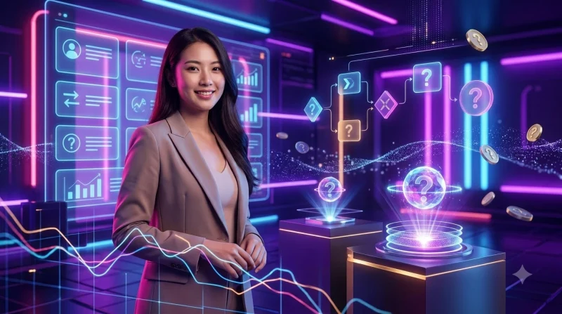 Điện thoại với giao diện ứng dụng sáng bóng, xung quanh là ba dấu hỏi nổi kết nối bằng đường sáng, thể hiện phần giải đáp thắc mắc thường gặp