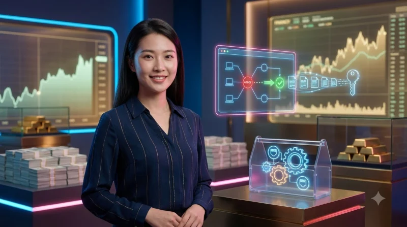Đồ họa minh họa quy trình khắc phục sự cố với các biểu tượng tìm kiếm, cài đặt và bảo mật