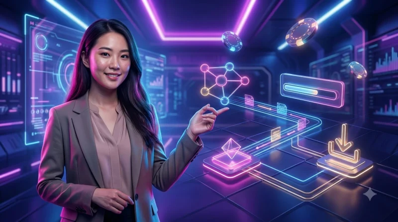 Hai điện thoại tượng trưng cho Android và iOS với biểu tượng tải xuống và thanh tiến trình, kết nối bằng đường sáng thể hiện quy trình cài đặt trực quan