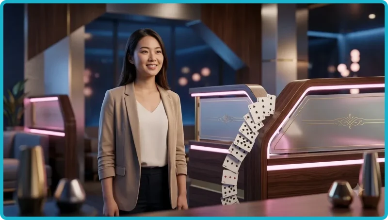 Hình ảnh 3D minh họa khái niệm chặn bài với biểu tượng lá chắn phát sáng trên lá bài.