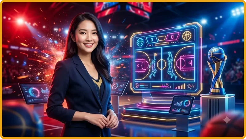 Hình minh họa bảng phân tích dữ liệu bóng rổ với biểu đồ hologram và quả bóng rổ nổi bật, minh họa cho kèo bóng rổ 88CLB