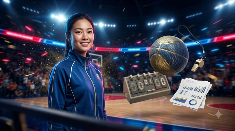 Hình minh họa bảng phân tích dữ liệu bóng rổ với biểu đồ hologram và quả bóng rổ nổi bật, minh họa cho kèo bóng rổ 88CLB
