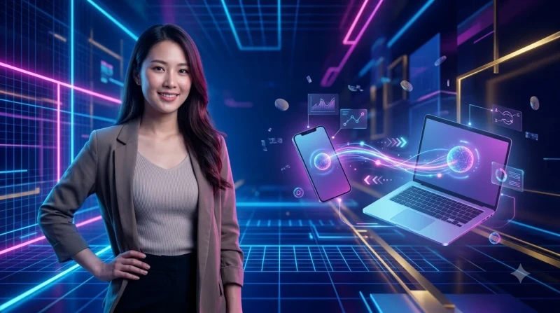 Năm bước chuẩn bị được biểu diễn bằng cầu thang ánh sáng xanh giữa điện thoại và máy tính