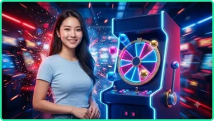 Vòng quay arcade phát sáng với các đồng tiền kỹ thuật số nổi, minh họa khái niệm