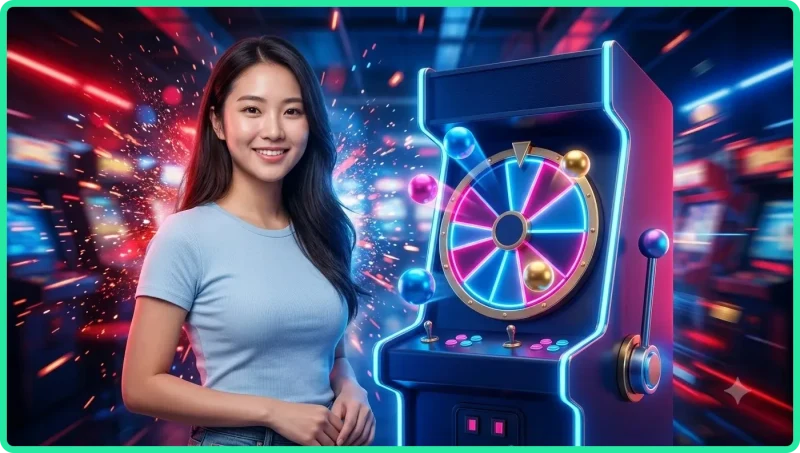 Roda spin arcade bercahaya dengan moedas digitais flotantes, ilustrasi konseptual