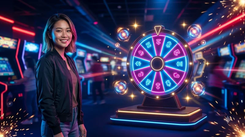 Roda spin arcade bercahaya dengan moedas digitais flotantes, ilustrasi konseptual