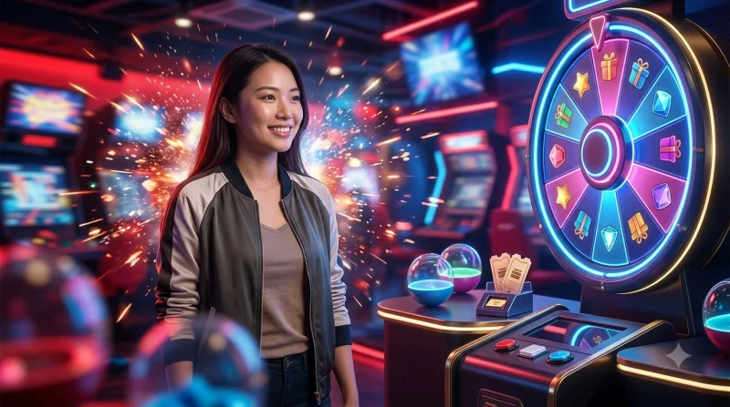 Roda spin arcade com brilho de advertência e moedas caendo, ilustrasi de precaução