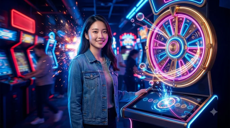 Roda spin arcade com cinco marcadores de passo e trilhas de luz, ilustrasi de checklist